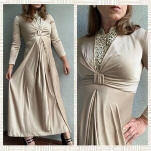 Vintage 70’s ILGWU Union Made Champagne Maxi Dress w/ Lace Pearls VTG 10 Sz 6